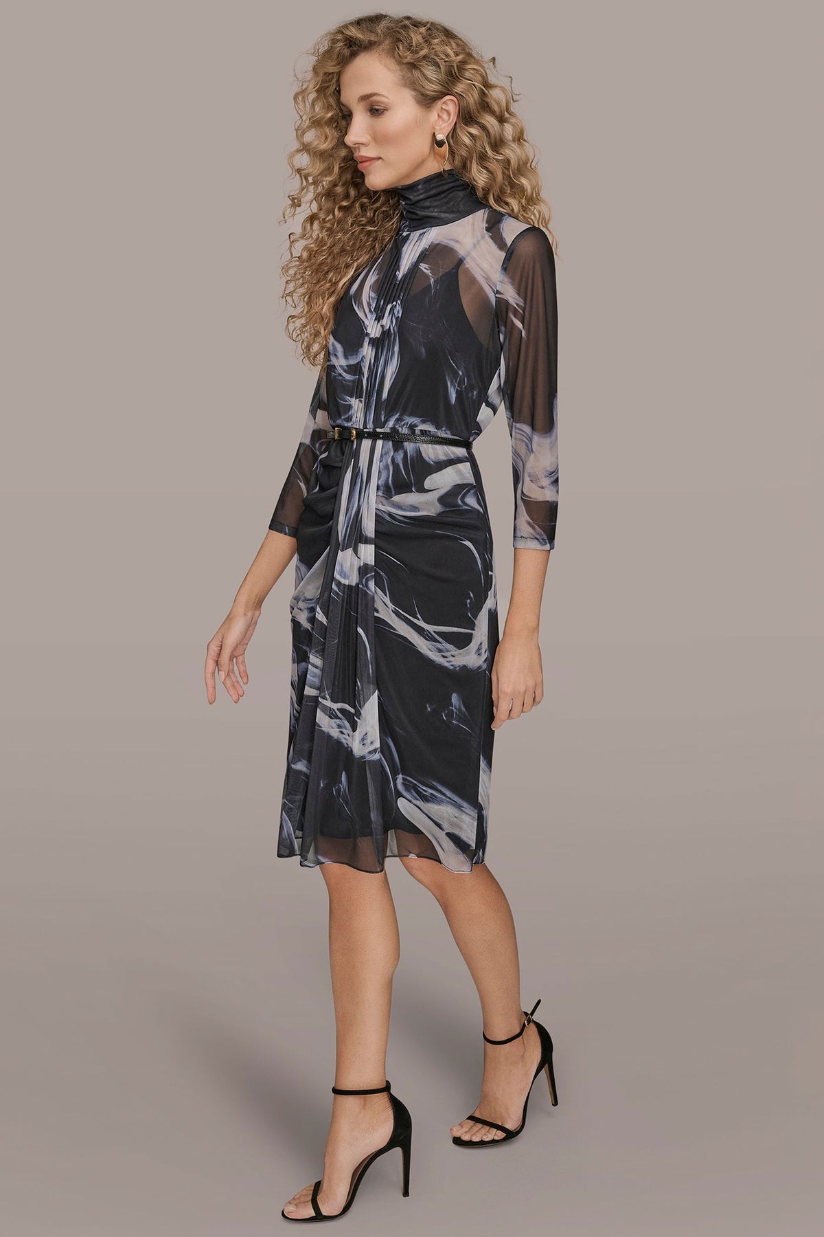 Donna Karan BELTED DRAPED PRINTED DRESS