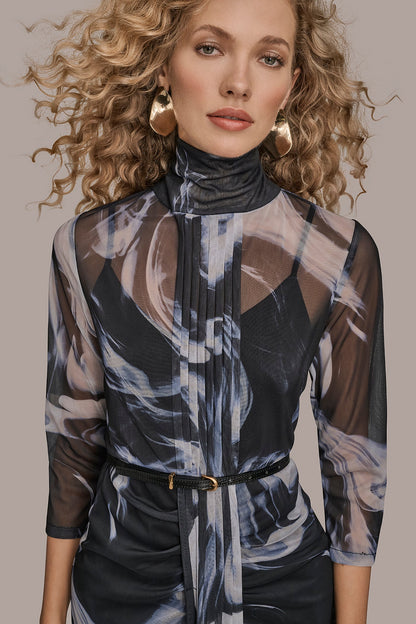 Donna Karan BELTED DRAPED PRINTED DRESS