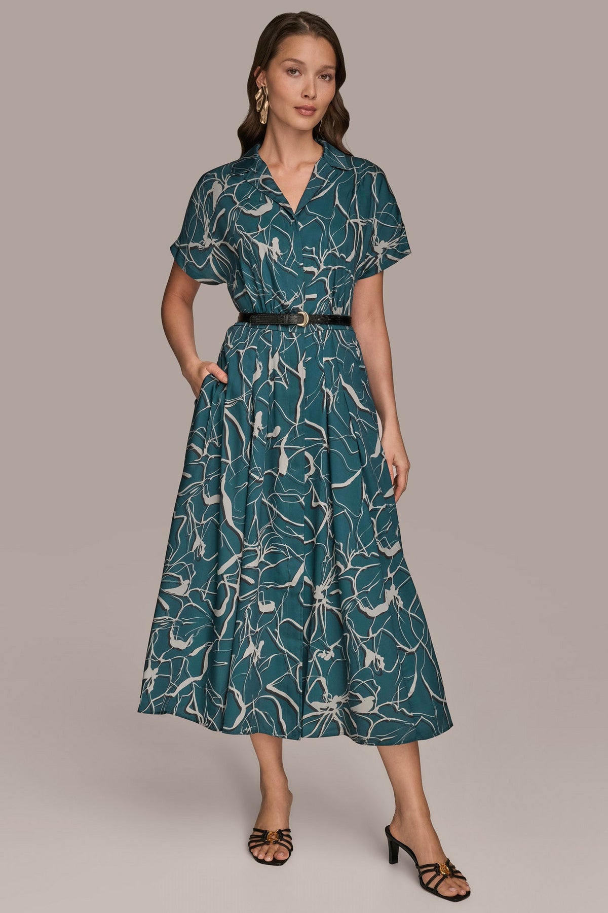 Donna Karan SHORT SLEEVE FLORAL MIDI SHIRT DRESS