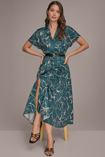 Donna Karan SHORT SLEEVE FLORAL MIDI SHIRT DRESS