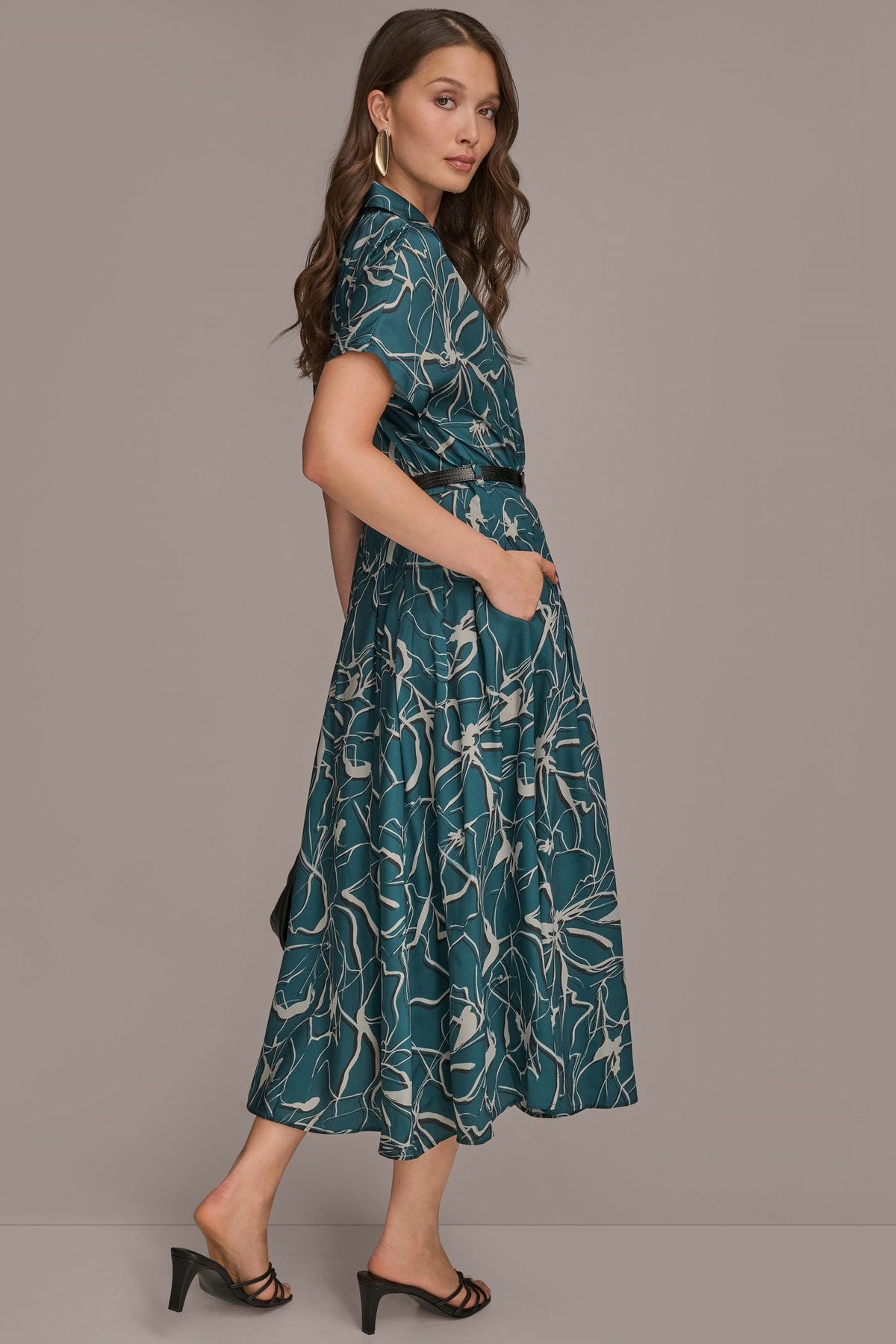 Donna Karan SHORT SLEEVE FLORAL MIDI SHIRT DRESS