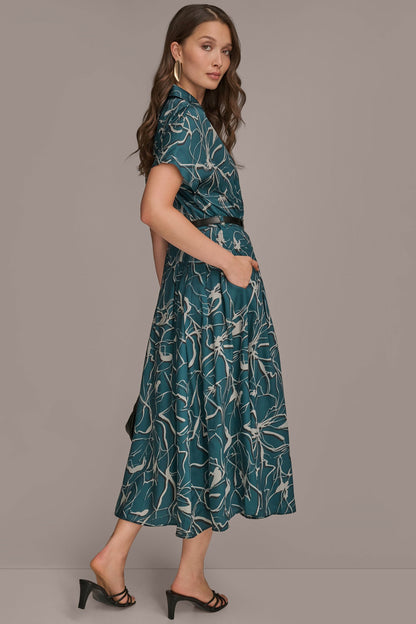Donna Karan SHORT SLEEVE FLORAL MIDI SHIRT DRESS
