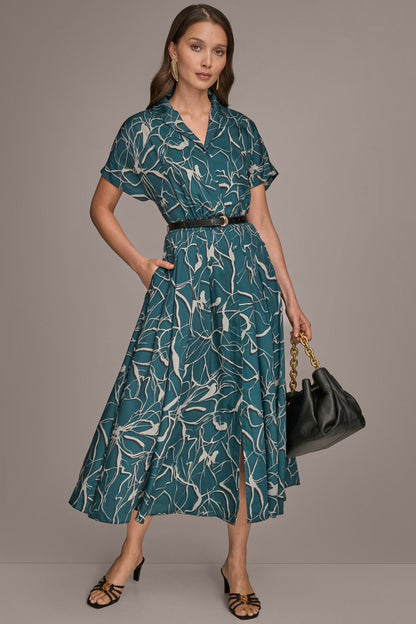 Donna Karan SHORT SLEEVE FLORAL MIDI SHIRT DRESS