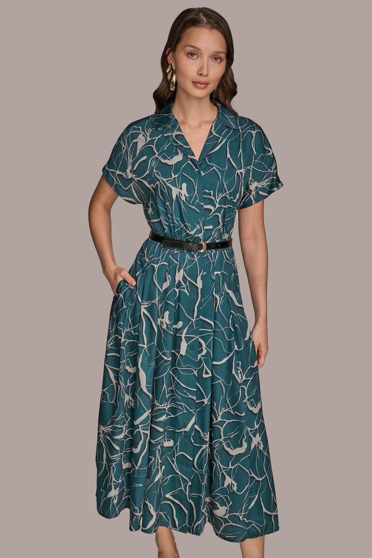 Donna Karan SHORT SLEEVE FLORAL MIDI SHIRT DRESS