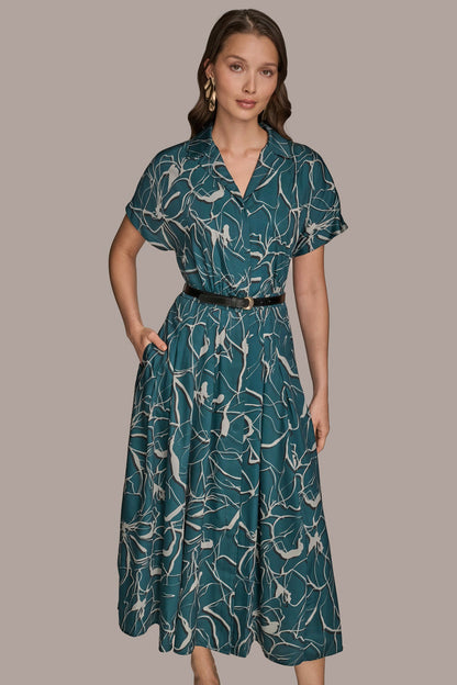 Donna Karan SHORT SLEEVE FLORAL MIDI SHIRT DRESS