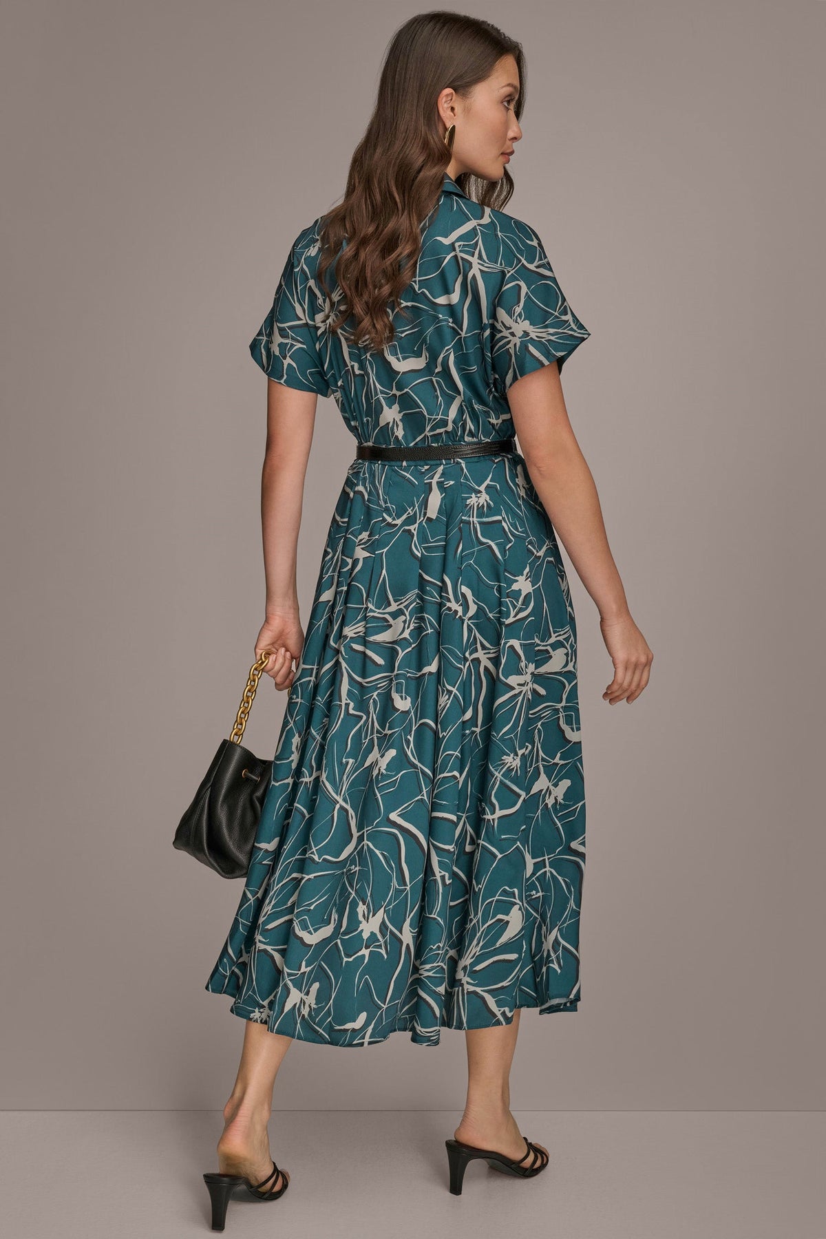 Donna Karan SHORT SLEEVE FLORAL MIDI SHIRT DRESS