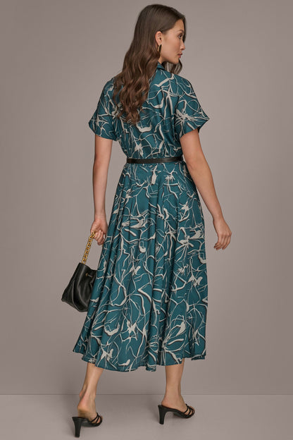 Donna Karan SHORT SLEEVE FLORAL MIDI SHIRT DRESS