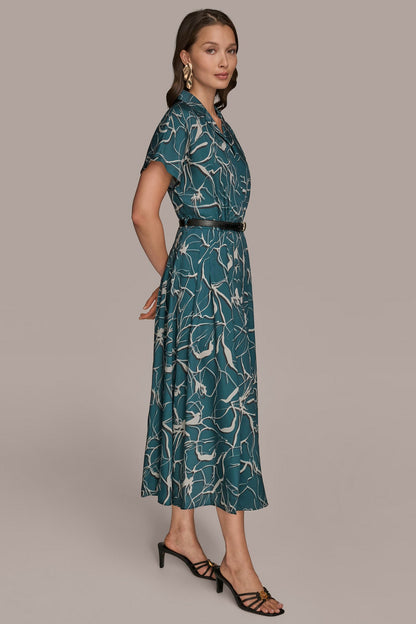 Donna Karan SHORT SLEEVE FLORAL MIDI SHIRT DRESS