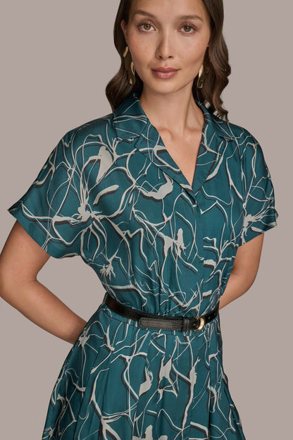Donna Karan SHORT SLEEVE FLORAL MIDI SHIRT DRESS