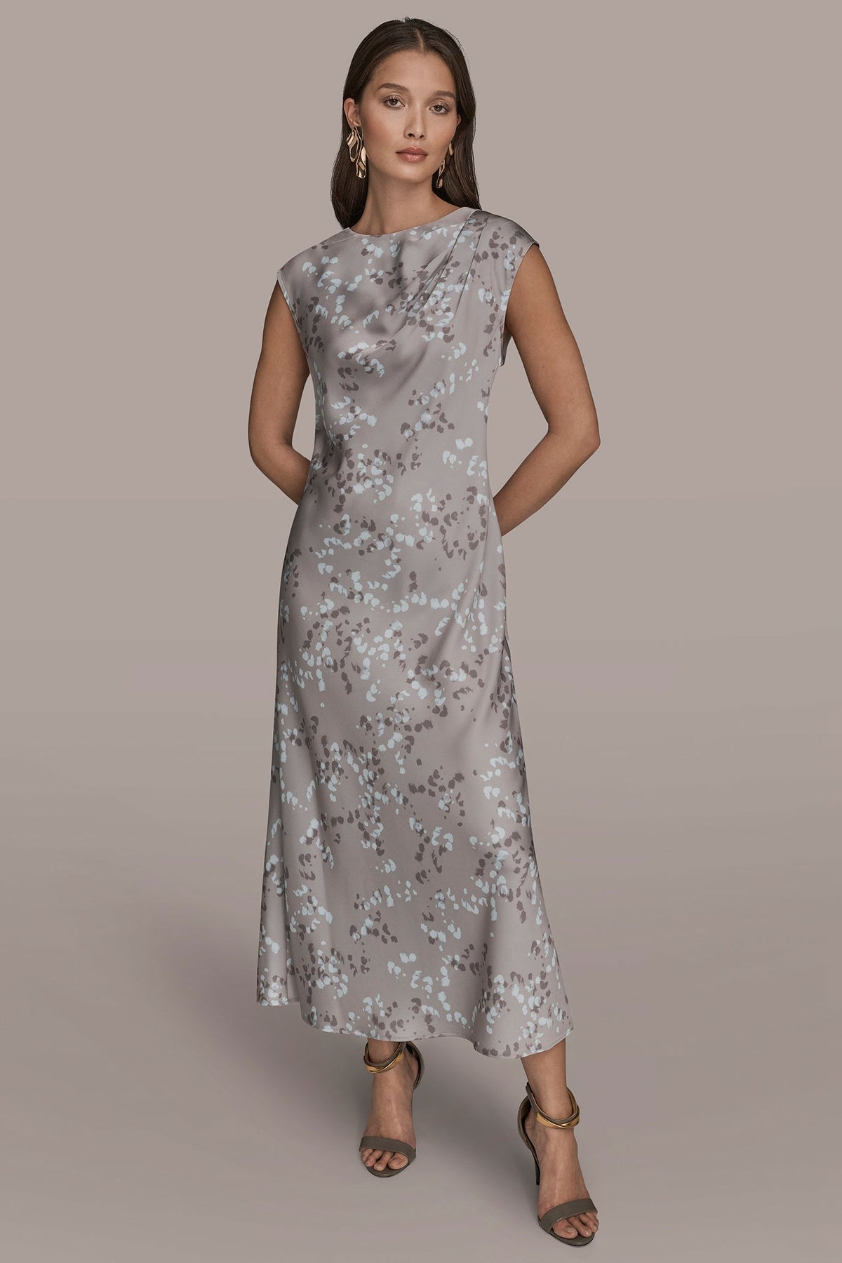 Donna Karan CAP SLEEVE V-NECK PRINTED MIDI DRESS