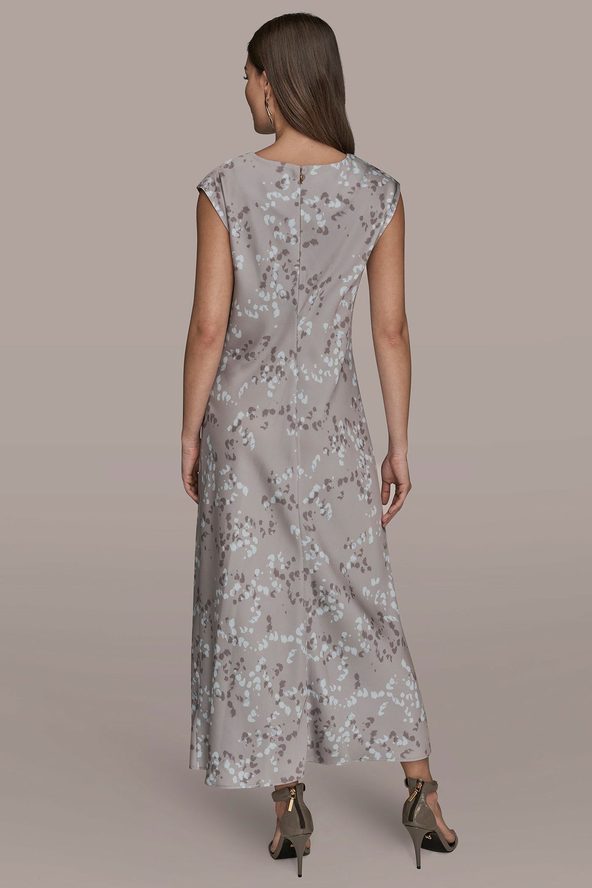 Donna Karan CAP SLEEVE V-NECK PRINTED MIDI DRESS