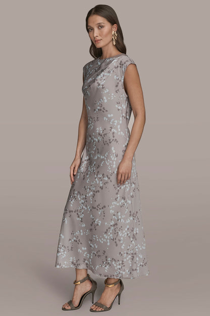 Donna Karan CAP SLEEVE V-NECK PRINTED MIDI DRESS