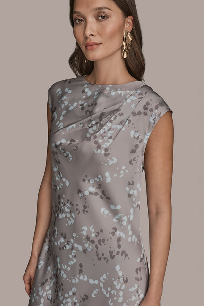 Donna Karan CAP SLEEVE V-NECK PRINTED MIDI DRESS