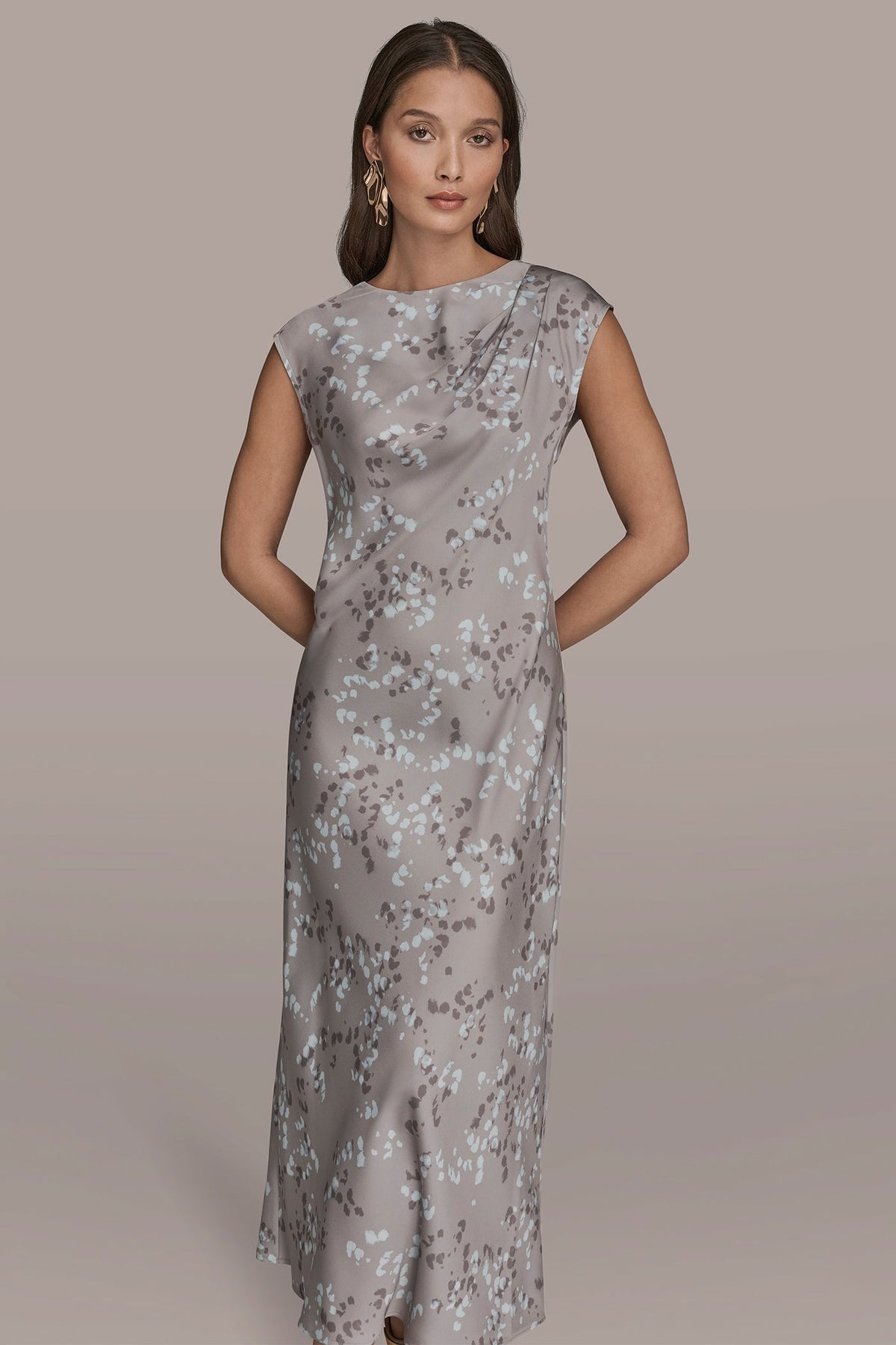 Donna Karan CAP SLEEVE V-NECK PRINTED MIDI DRESS