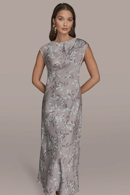 Donna Karan CAP SLEEVE V-NECK PRINTED MIDI DRESS
