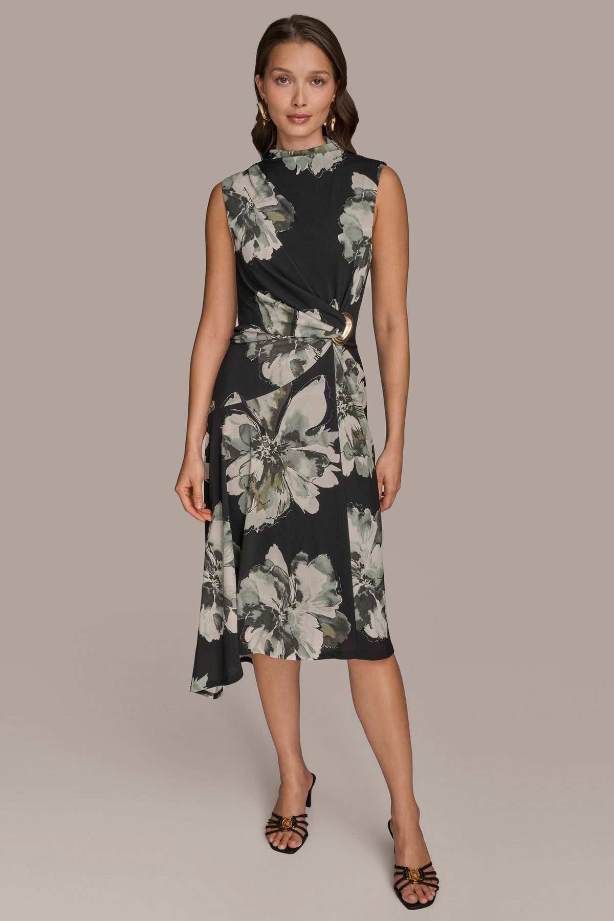 Donna Karan SLEEVELESS FLORAL TWIST ASYMMETRIC DRESS