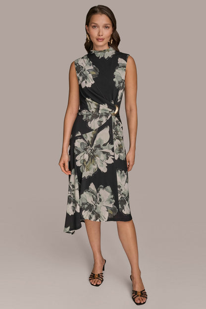 Donna Karan SLEEVELESS FLORAL TWIST ASYMMETRIC DRESS