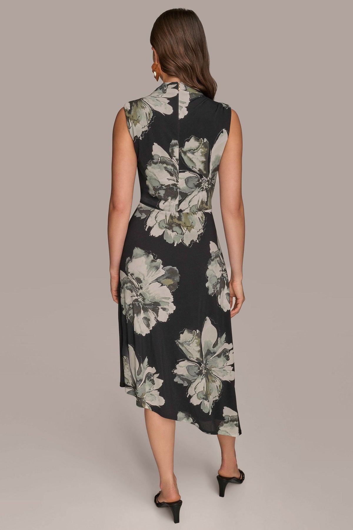 Donna Karan SLEEVELESS FLORAL TWIST ASYMMETRIC DRESS