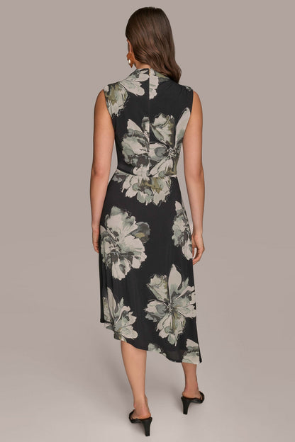 Donna Karan SLEEVELESS FLORAL TWIST ASYMMETRIC DRESS