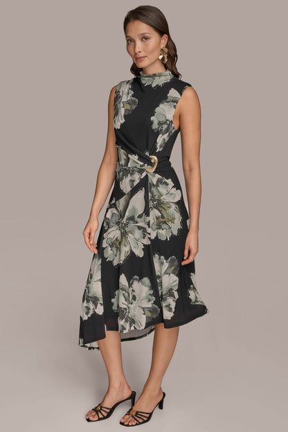 Donna Karan SLEEVELESS FLORAL TWIST ASYMMETRIC DRESS