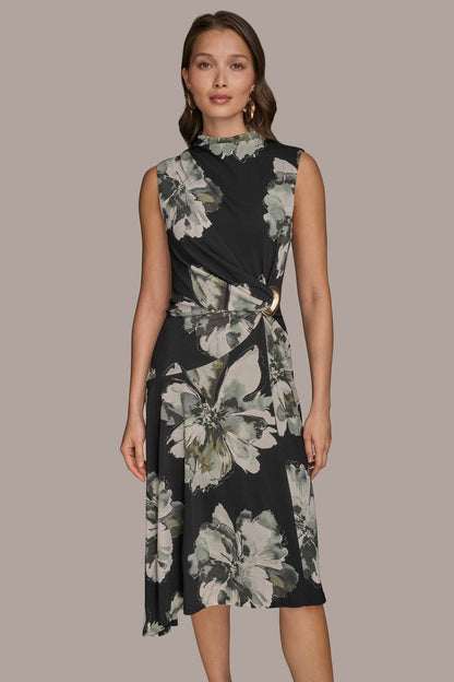 Donna Karan SLEEVELESS FLORAL TWIST ASYMMETRIC DRESS