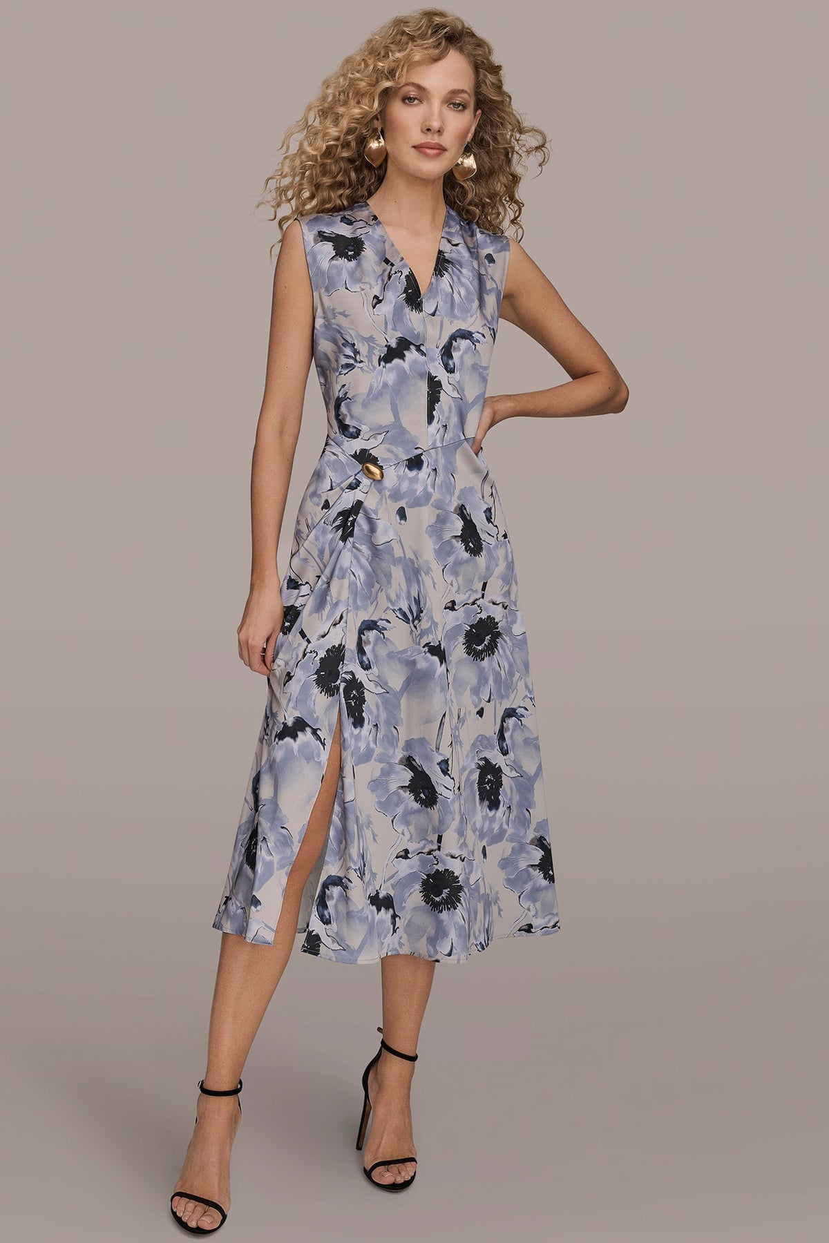 Donna Karan CAP SLEEVE V-NECK PRINTED MIDI DRESS