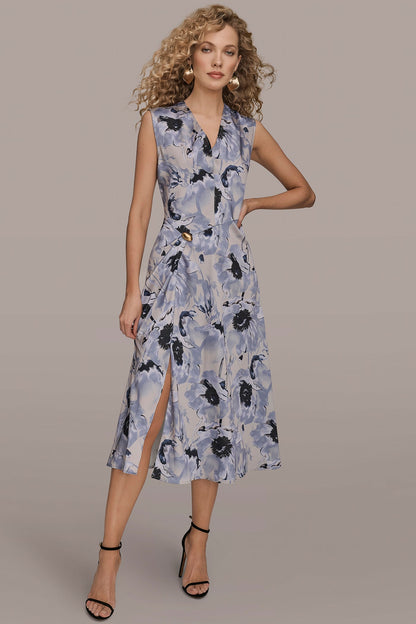 Donna Karan CAP SLEEVE V-NECK PRINTED MIDI DRESS