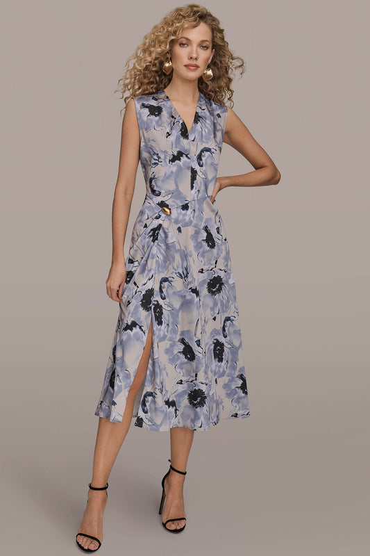 Donna Karan CAP SLEEVE V-NECK PRINTED MIDI DRESS