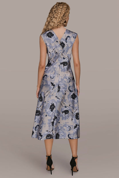 Donna Karan CAP SLEEVE V-NECK PRINTED MIDI DRESS