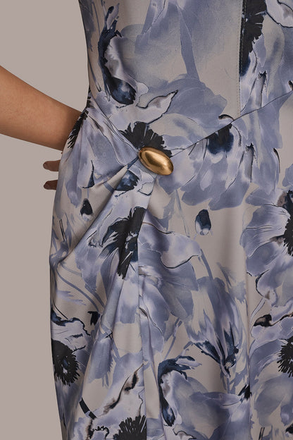Donna Karan CAP SLEEVE V-NECK PRINTED MIDI DRESS