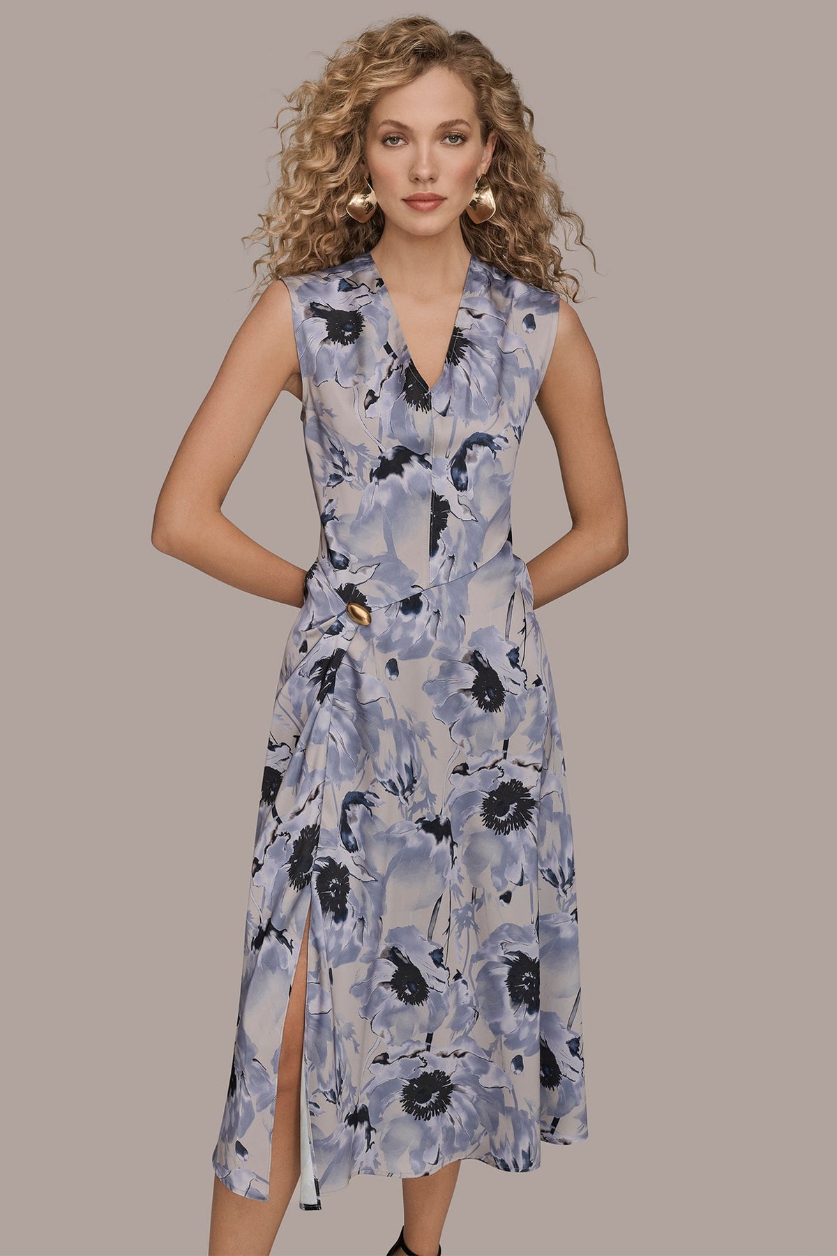 Donna Karan CAP SLEEVE V-NECK PRINTED MIDI DRESS