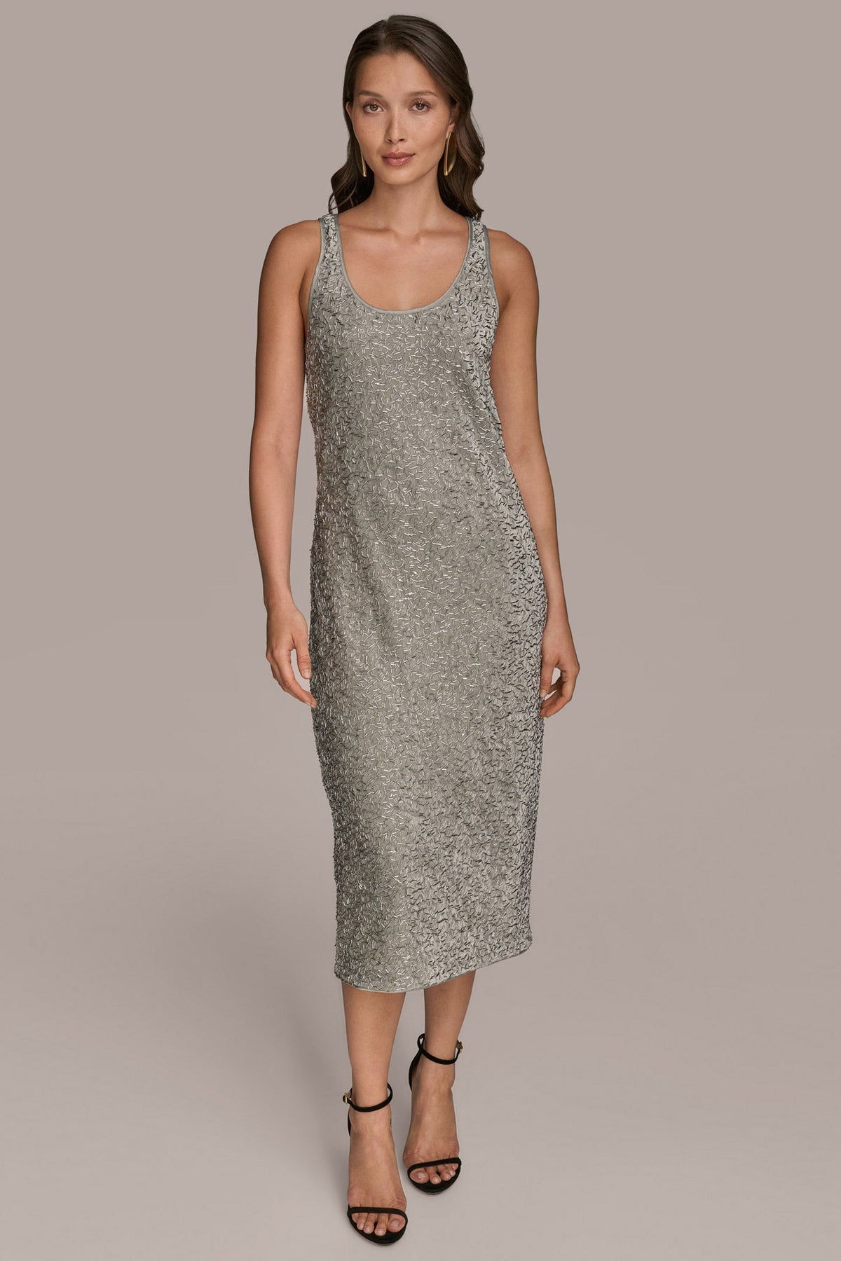 Donna Karan SLEEVELESS BEADED VELVET MIDI DRESS