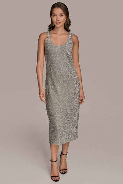 Donna Karan SLEEVELESS BEADED VELVET MIDI DRESS