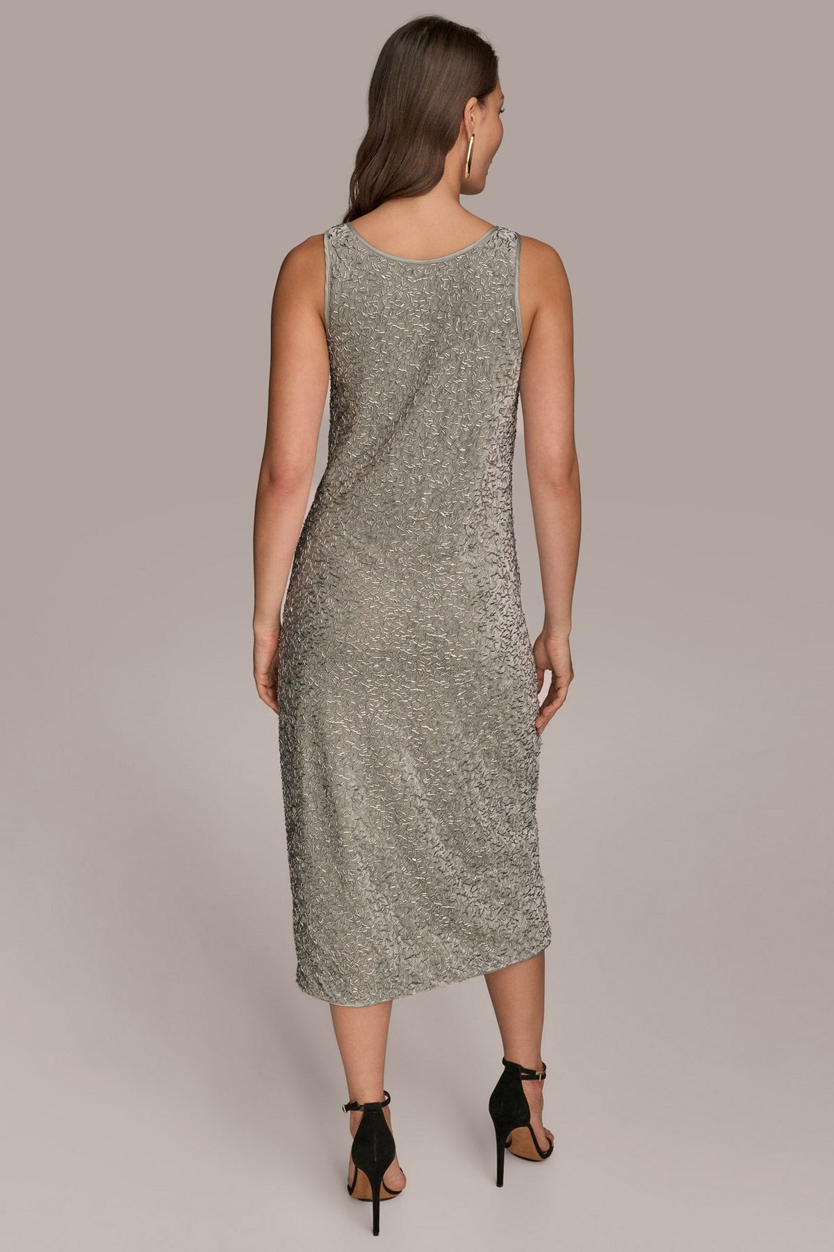 Donna Karan SLEEVELESS BEADED VELVET MIDI DRESS