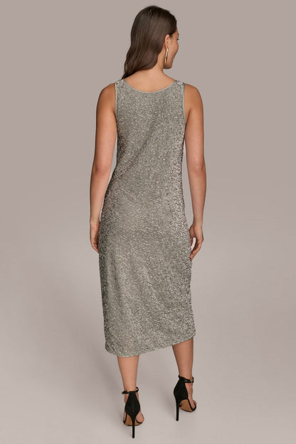 Donna Karan SLEEVELESS BEADED VELVET MIDI DRESS