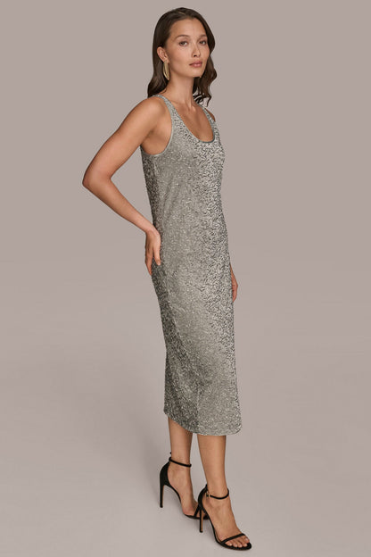 Donna Karan SLEEVELESS BEADED VELVET MIDI DRESS