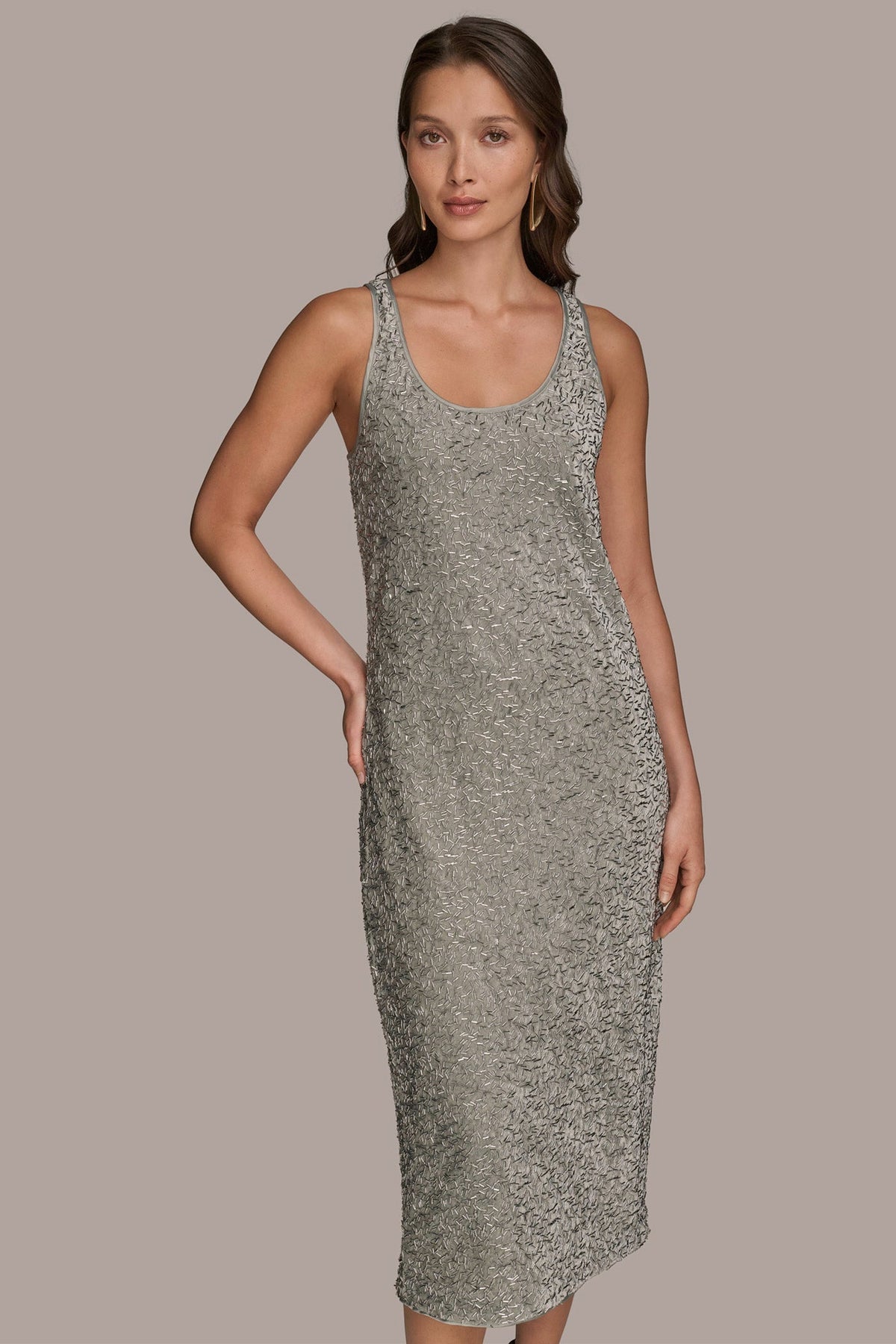 Donna Karan SLEEVELESS BEADED VELVET MIDI DRESS