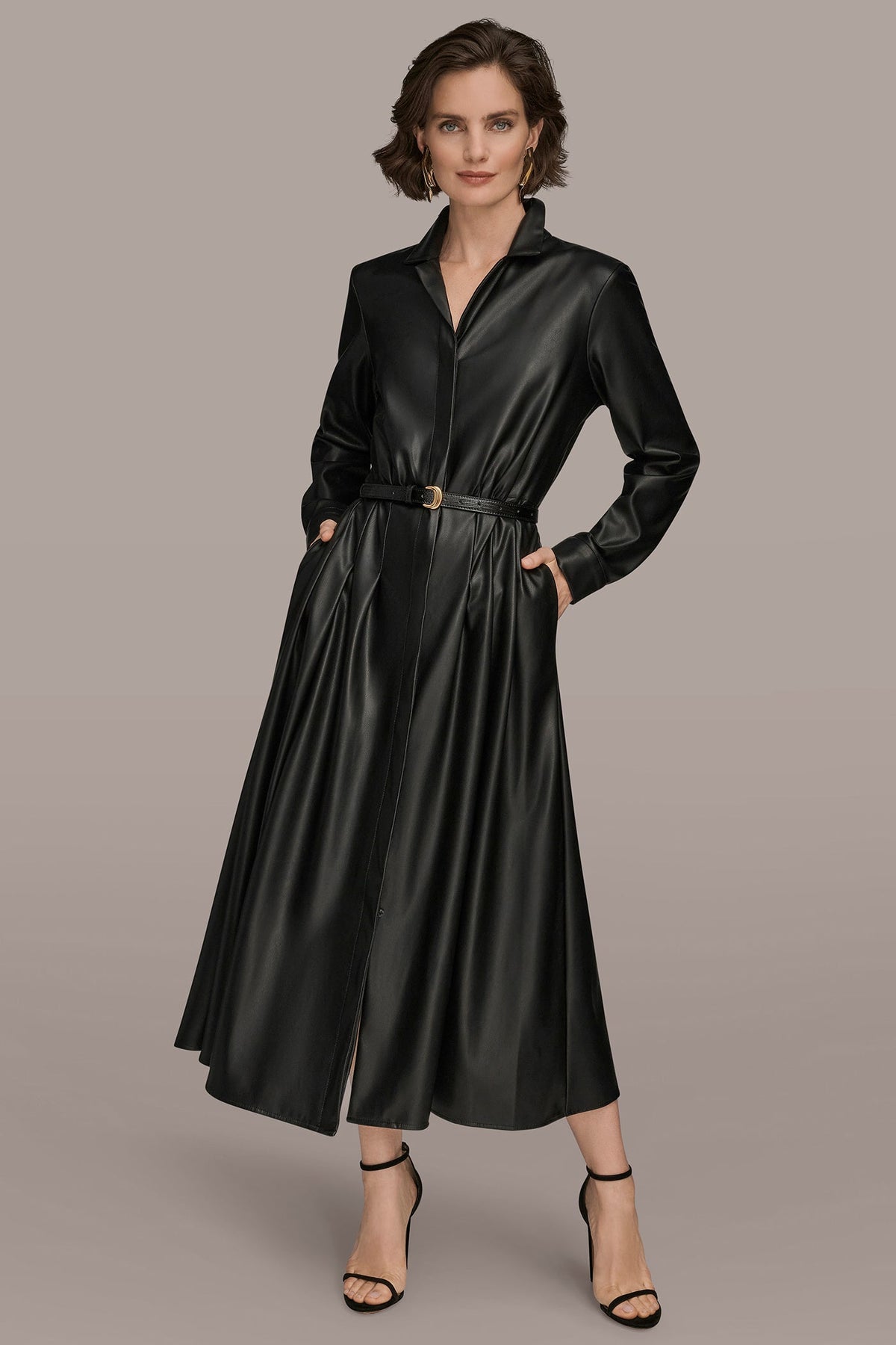 Donna Karan LONG SLEEVE FAUX LEATHER MIDI SHIRT DRESS