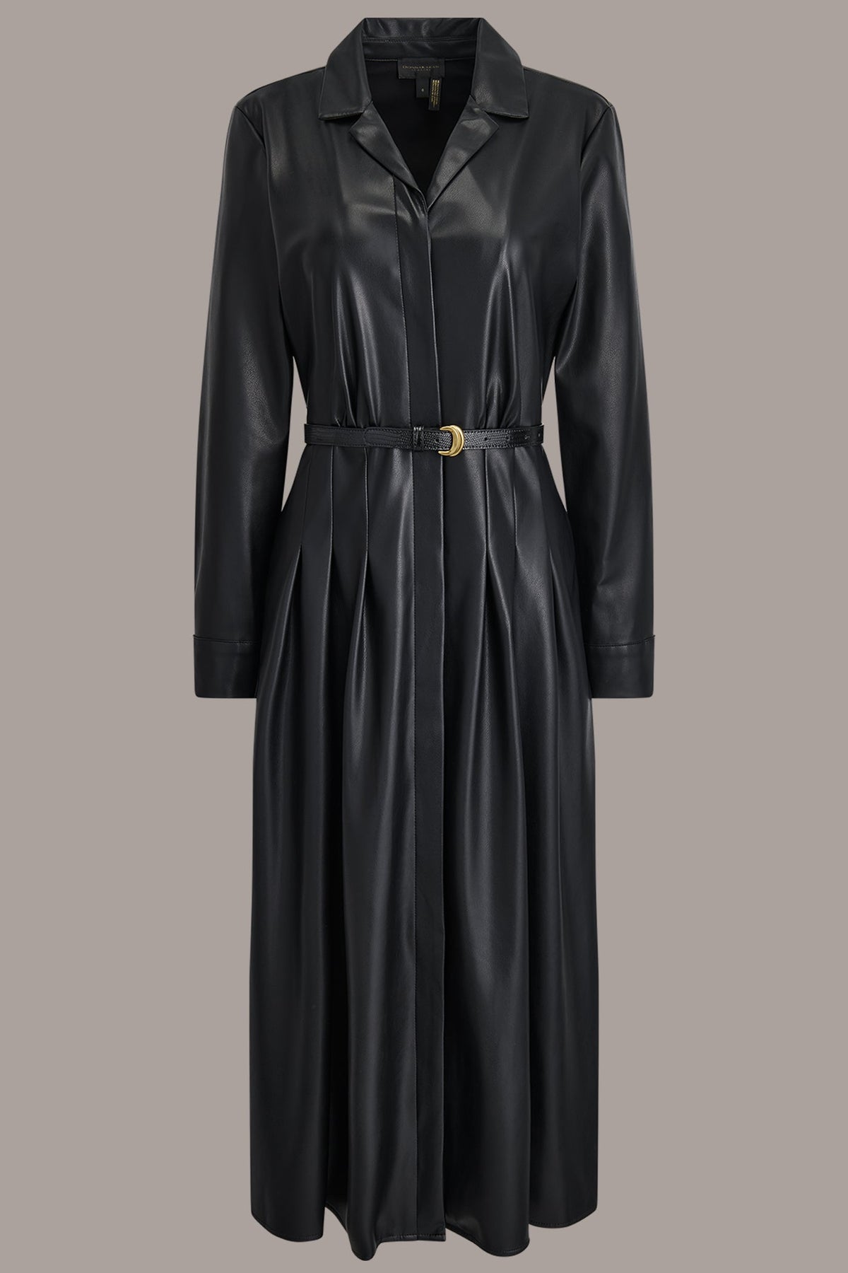 Donna Karan LONG SLEEVE FAUX LEATHER MIDI SHIRT DRESS