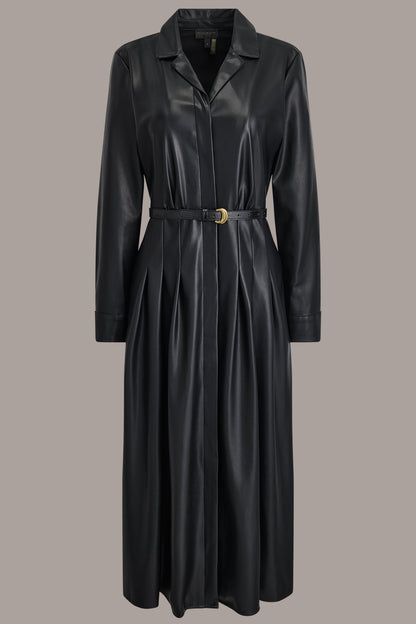 Donna Karan LONG SLEEVE FAUX LEATHER MIDI SHIRT DRESS