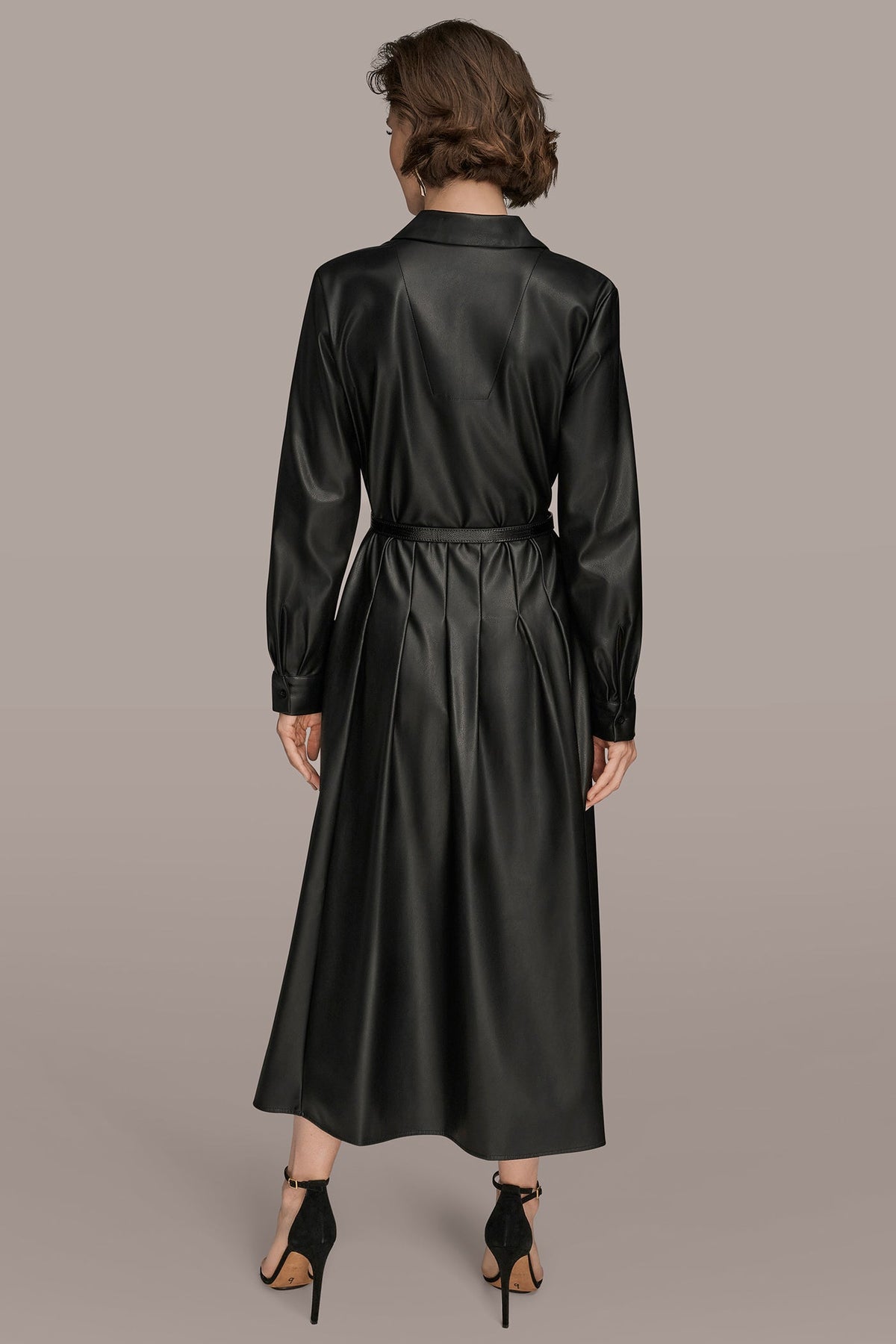 Donna Karan LONG SLEEVE FAUX LEATHER MIDI SHIRT DRESS