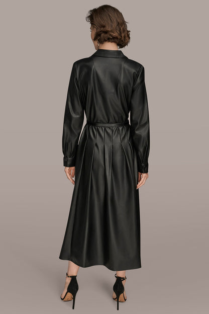 Donna Karan LONG SLEEVE FAUX LEATHER MIDI SHIRT DRESS