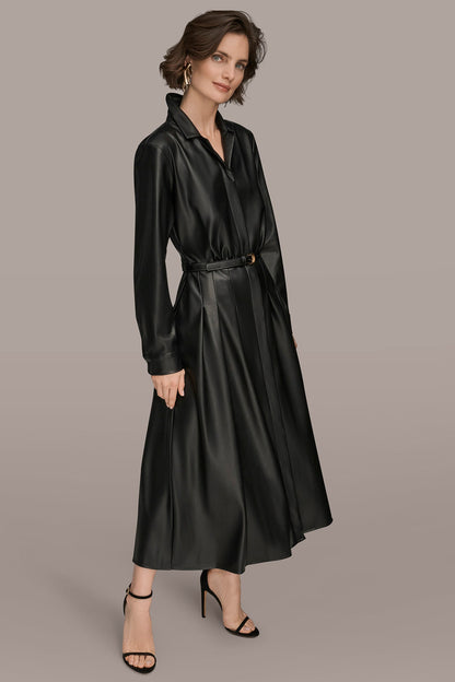 Donna Karan LONG SLEEVE FAUX LEATHER MIDI SHIRT DRESS