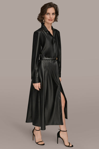 Donna Karan LONG SLEEVE FAUX LEATHER MIDI SHIRT DRESS