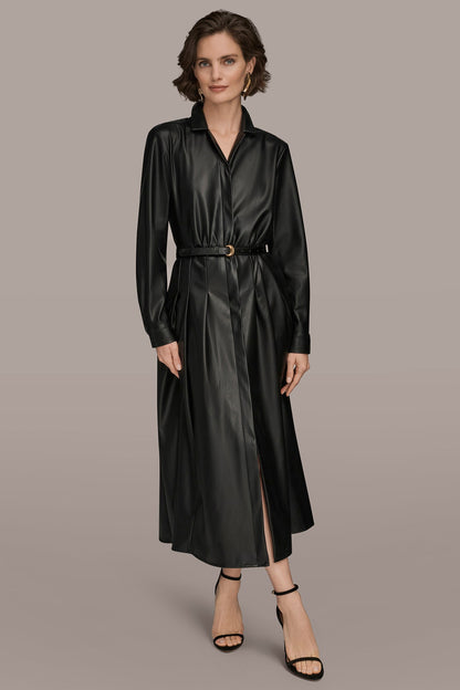 Donna Karan LONG SLEEVE FAUX LEATHER MIDI SHIRT DRESS