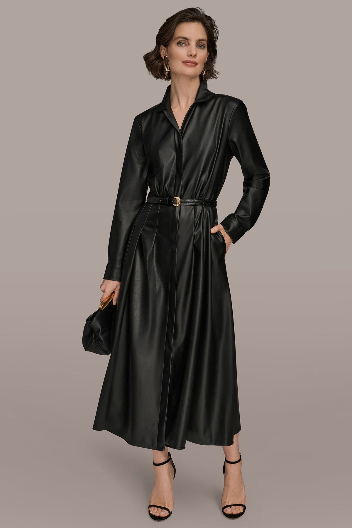 Donna Karan LONG SLEEVE FAUX LEATHER MIDI SHIRT DRESS