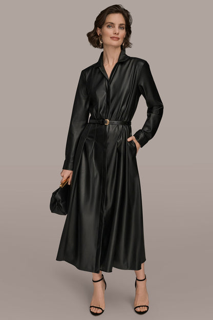 Donna Karan LONG SLEEVE FAUX LEATHER MIDI SHIRT DRESS