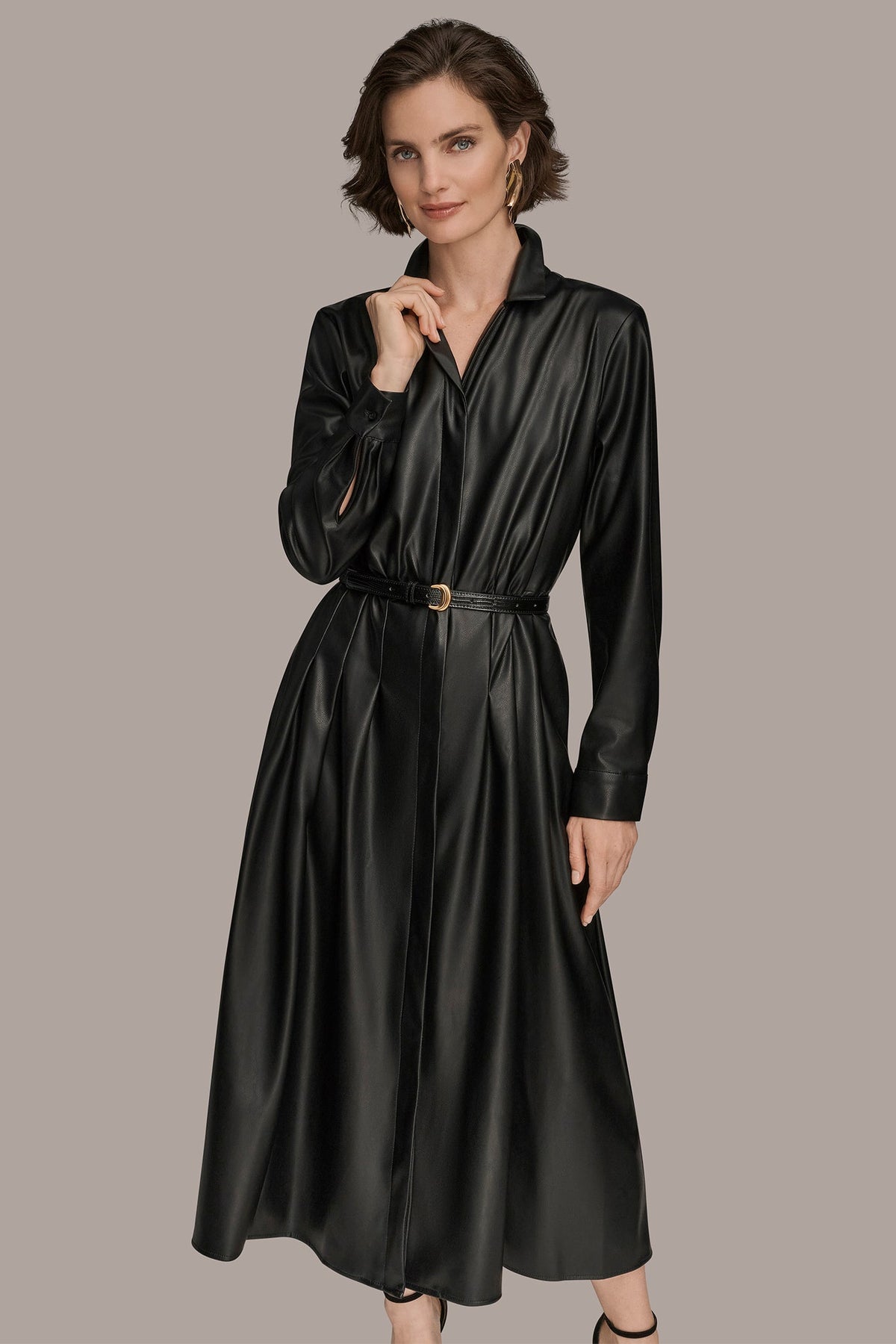 Donna Karan LONG SLEEVE FAUX LEATHER MIDI SHIRT DRESS