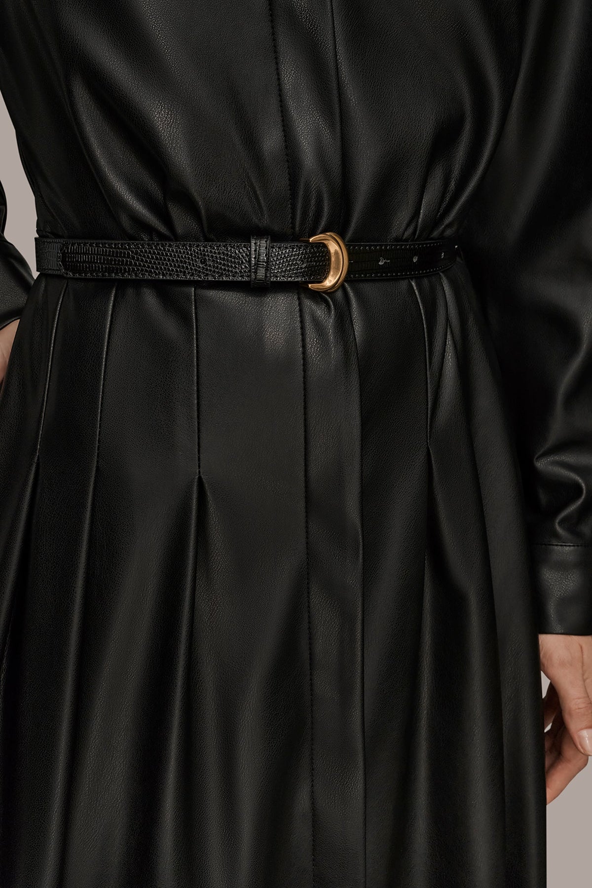 Donna Karan LONG SLEEVE FAUX LEATHER MIDI SHIRT DRESS