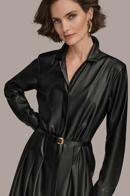 Donna Karan LONG SLEEVE FAUX LEATHER MIDI SHIRT DRESS